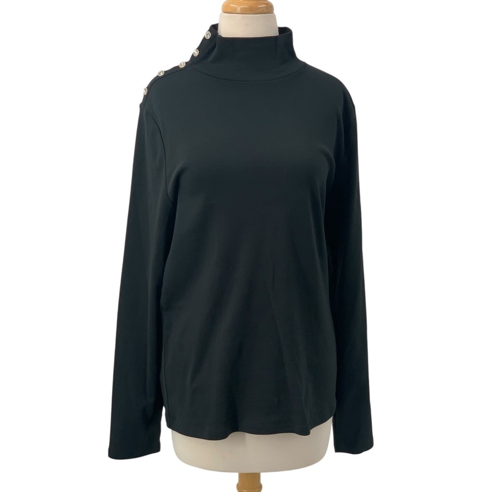 J‎ CREW Perfect Fit Mock Turtleneck Jewel Rhinestone Buttons Black Preppy XXL